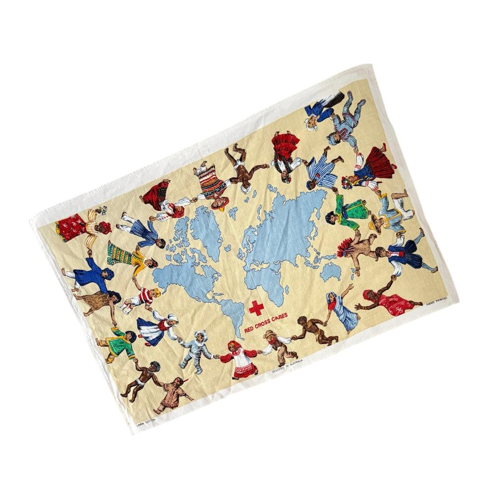 Vintage Red Cross Cares Tea Towel Linen Cotton Pictorial World Map Children